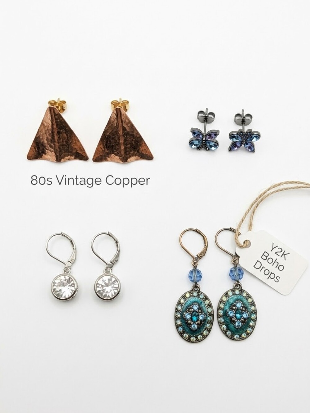 4 Pairs Vintage Earring Lot 80s Hammered Copper 90s Turquoise Y2K Butterfly